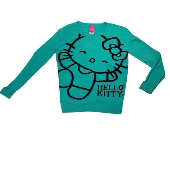 Hello Kitty Sweaters - Sanrio Hello Kitty Womens Sz M Teal Black Crewneck Pullover Sweater Kawaii Cute